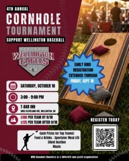 Good news—the early registration price has been extended!

Register your team for the Wellington Baseball Cornhole Tournament for just $100. Grab a partner and sign up before the extended deadline!

Space is limited, so don’t wait! ⚾️