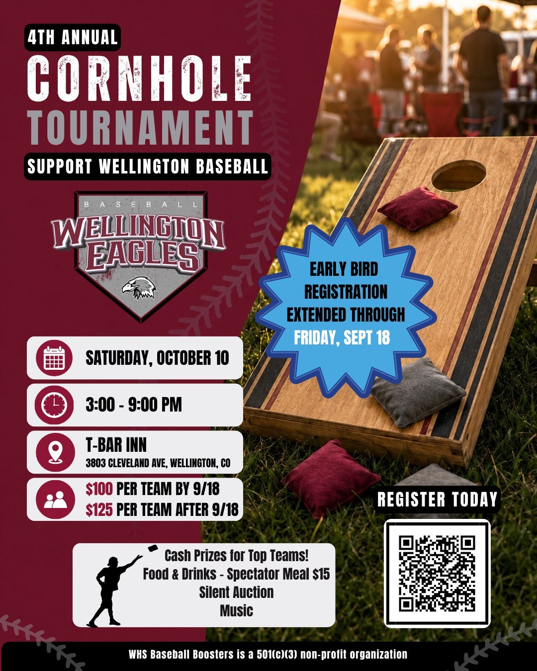 Good news—the early registration price has been extended!

Register your team for the Wellington Baseball Cornhole Tournament for just $100. Grab a partner and sign up before the extended deadline!

Space is limited, so don’t wait! ⚾️