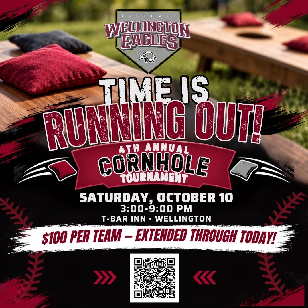 Don’t let the clock strike midnight!

Register your team for the Wellington Baseball Cornhole Tournament before 11:55 pm tonight to lock in the $100 registration price. After that, the price increases to $125 per team.

Scan the QR code in the graphic or click the link in our profile to register today! ⚾️

#WellingtonEagles #WellingtonBaseball #CornholeTournament #SupportWellingtonBaseball