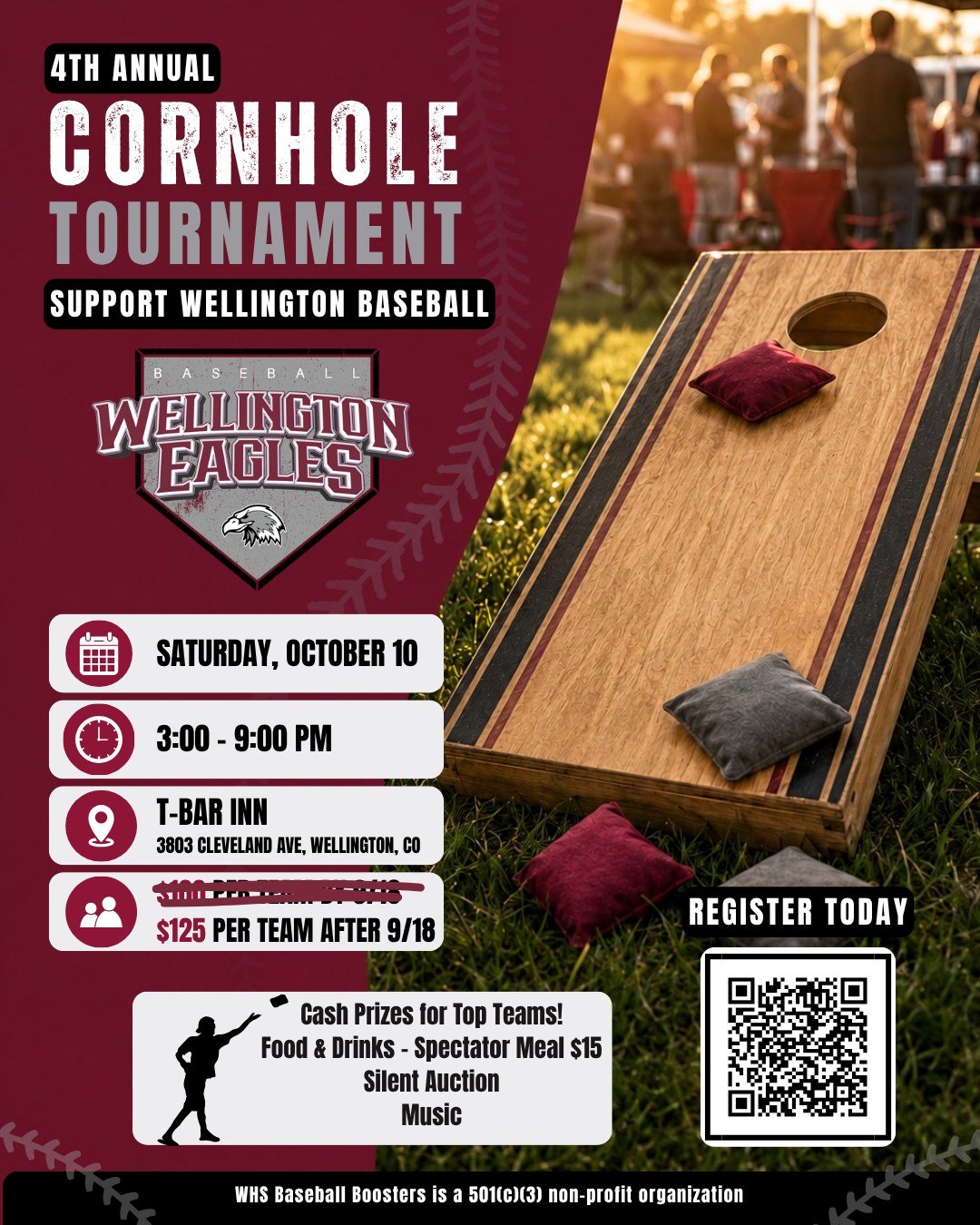 Early registration may be over—but there’s still time to join the fun! 🎯

Spots are still available for the Wellington Baseball Cornhole Tournament on October 10. Grab a teammate, register your team and help support Wellington Eagles Baseball.

Space is limited, so don’t wait! Scan the QR code or click the link in our profile to register. ⚾️ 

#EaglesBaseball #WellingtonEagles