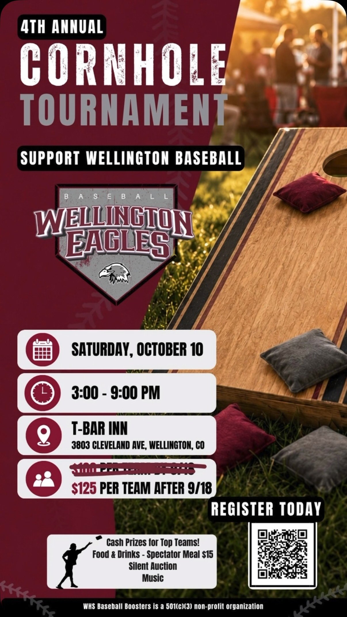 Time is running out to join the Wellington Baseball Cornhole Tournament!

Join us this Saturday for cornhole, a silent auction, food, music, and prizes—all in support of Wellington Eagles Baseball! ⚾

📅 Saturday, October 10 🕒 3–9 PM 📍 T-Bar Inn, 3803 Cleveland Ave., Wellington

Grab your teammate, bring your friends, and join the fun! Whether you’re tossing bags or checking out the silent auction, we’d love to see you there.

Help us spread the word—share this post and tag someone that should be there!

#WellingtonBaseball #GoEagles #WellingtonEagles #CornholeTournament